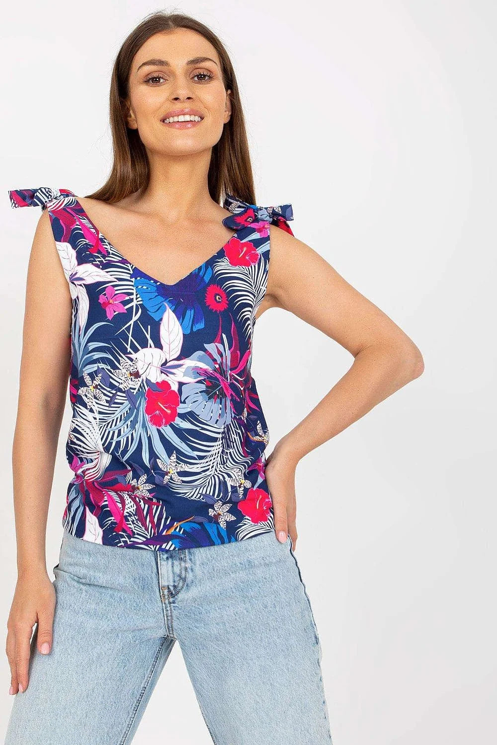 Top sans manches floral tropical femme col V nœuds décoratifs coupe ajustée style casual matériau respirant polyester 100% Taille S M L