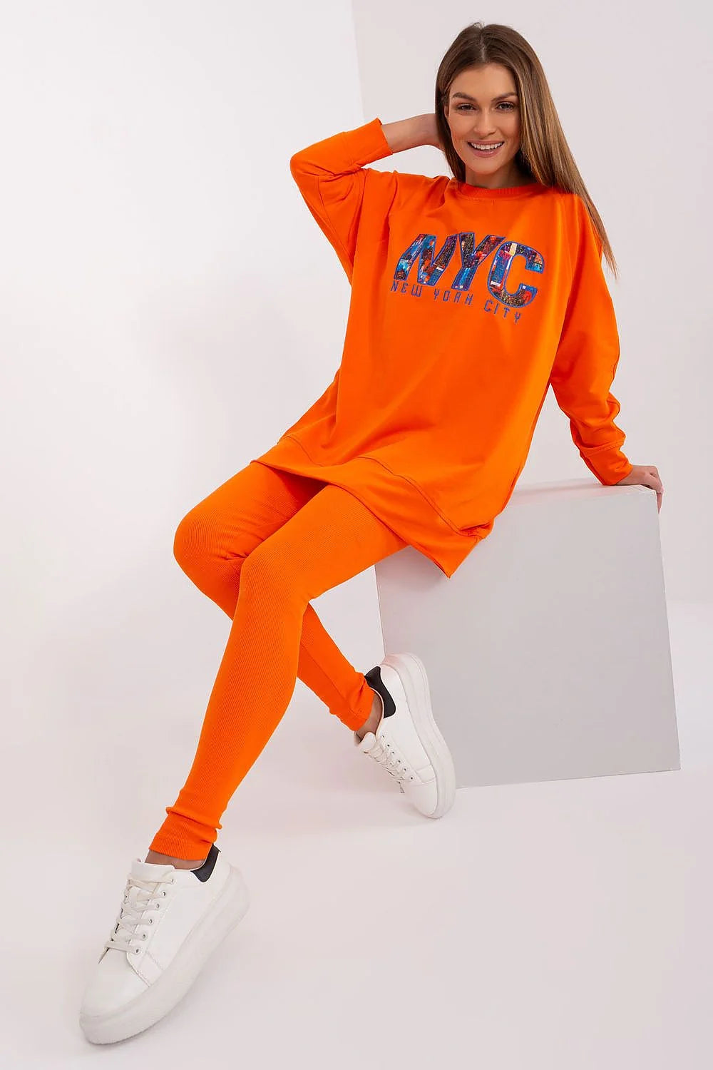 Ensemble femme sweat capuche legging NYC urban style couleur vif orange coton polyester elasthanne taille haute occasion sortie