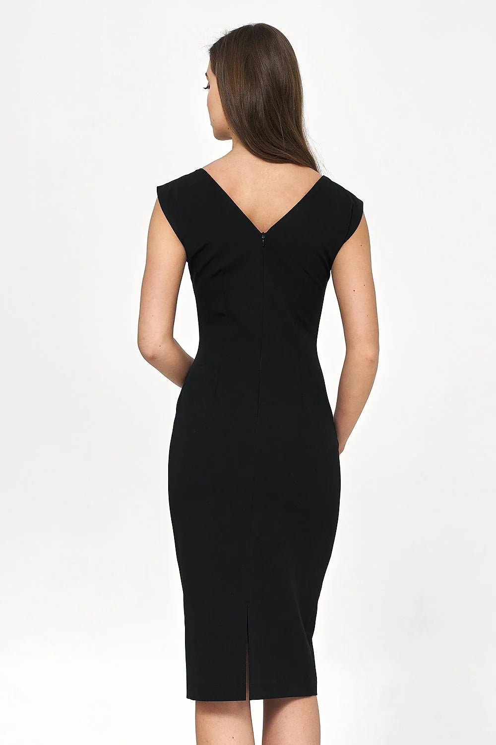 robe jour élégante droite ajustée midi genou noire encolure ronde dos V manches courtes stretch gainante