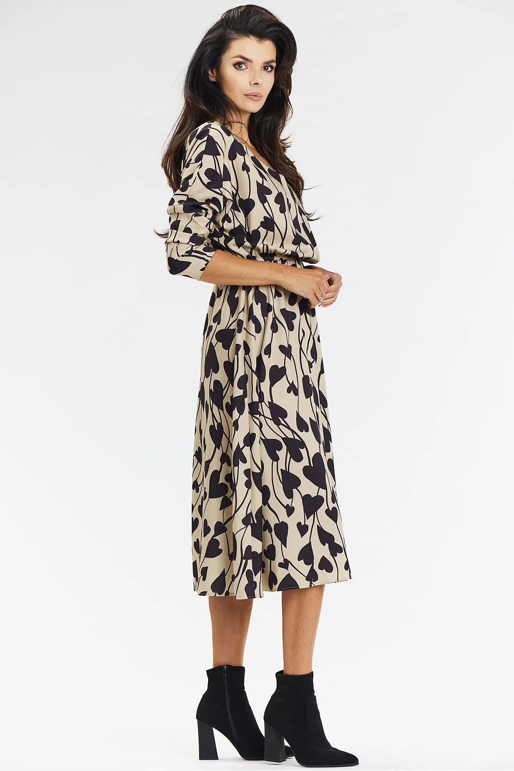 Robe midi kimono longue manches longues motif végétal beige noir taille ajustable femme