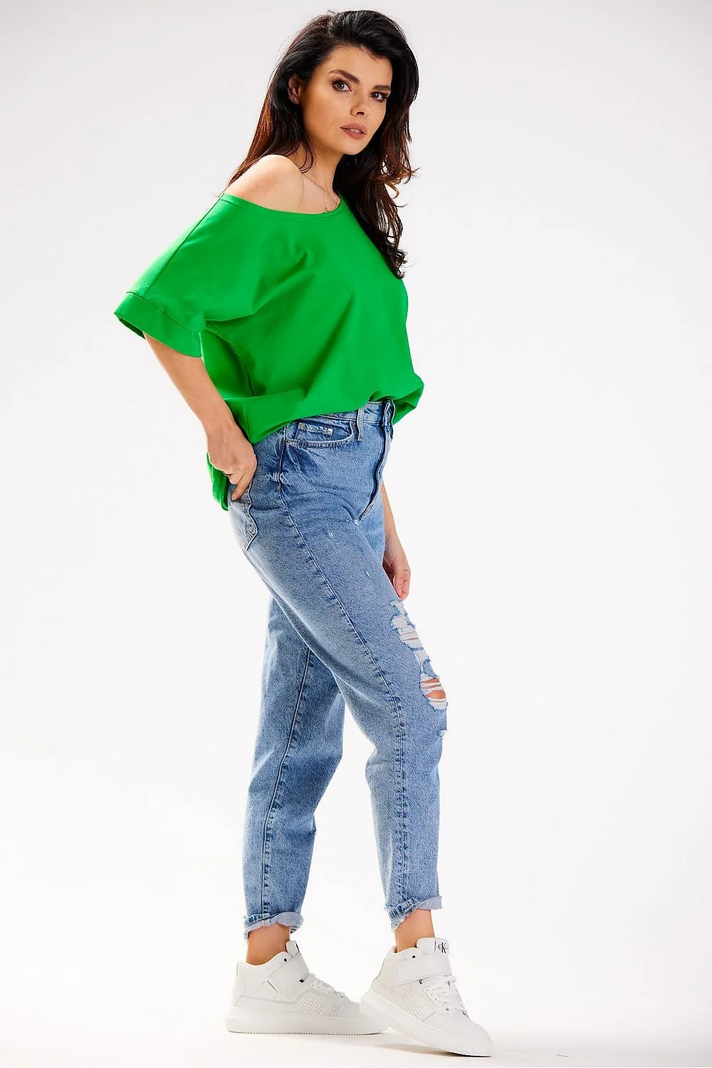 Chemisier décontracté féminin ample col large porté épaules nues style moderne tunique verte vif robe Casual été femme