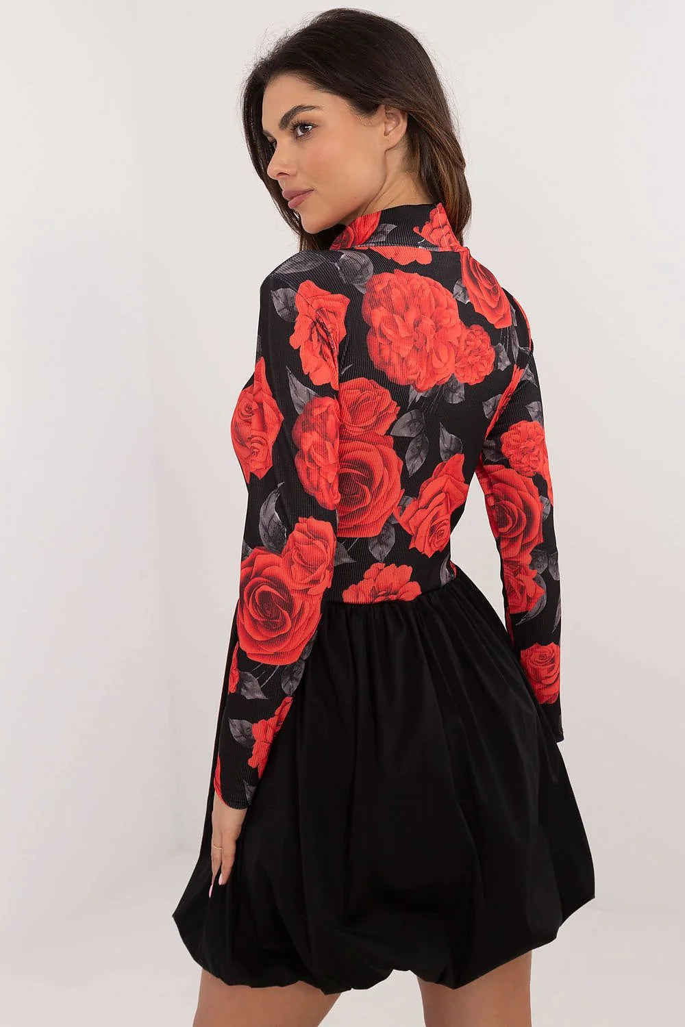 robe courte femme haut ajusté manches longues col montant volanté maille côtelée extensible imprimé floral roses rouge jupe froncée volumineuse