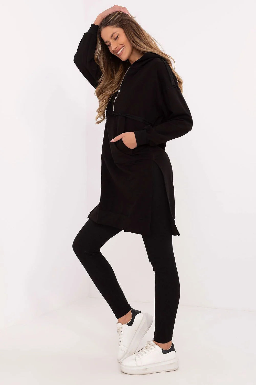 Ensemble femme casual confortable moderne longue capuche manches longues tissu doux élégant sportswear quotidien assorti leggings