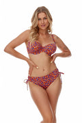 Bikini femme motif géométrique abstrait polyamide élasthanne couleurs vives coupe balconnet soutien ajustable culotte liens latéraux