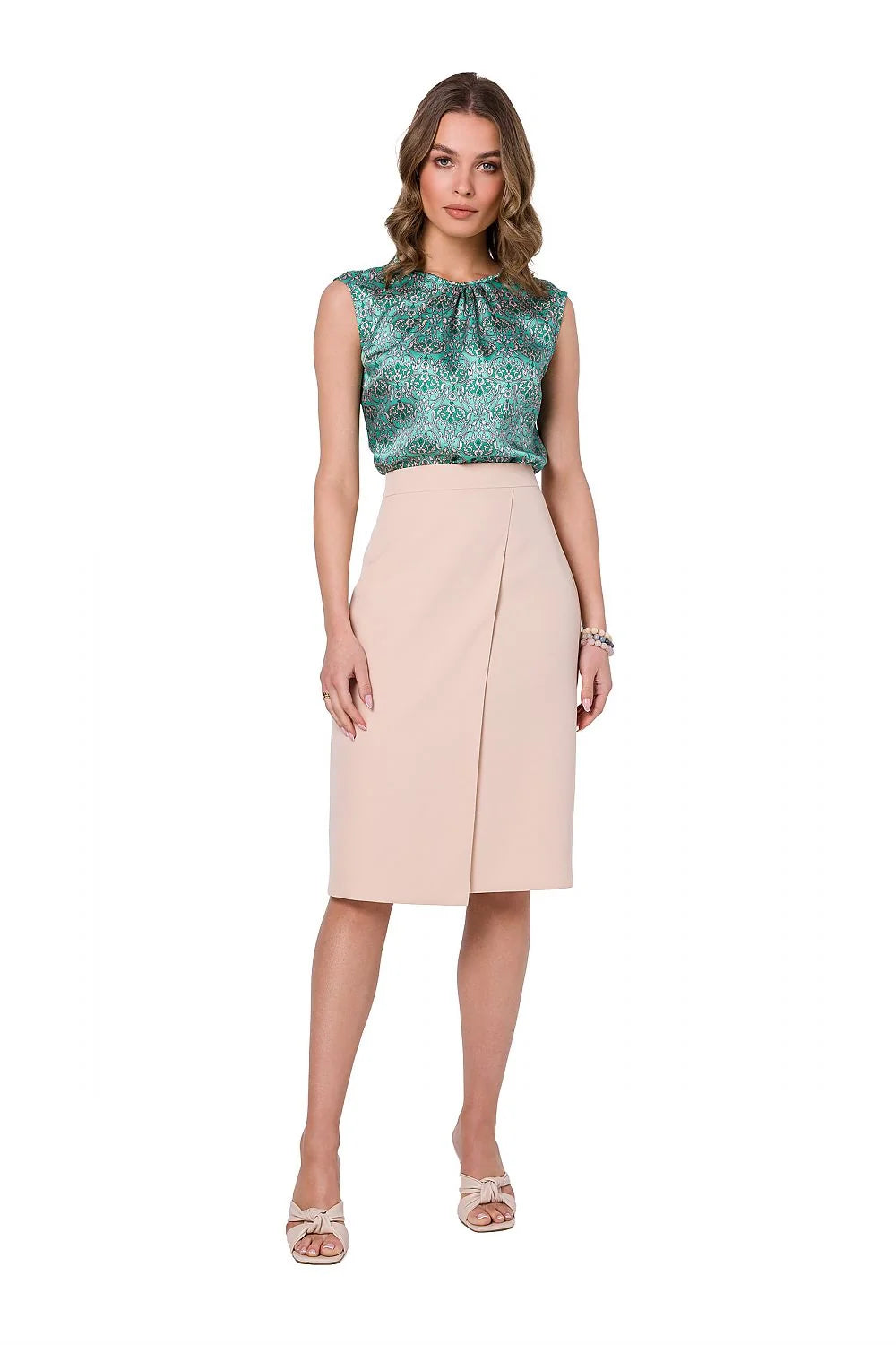 jupe stylove femme élégante asymétrique portefeuille rose poudré polyester elasthanne stretch taille haute ajustable doublée soignée mi longue moulante