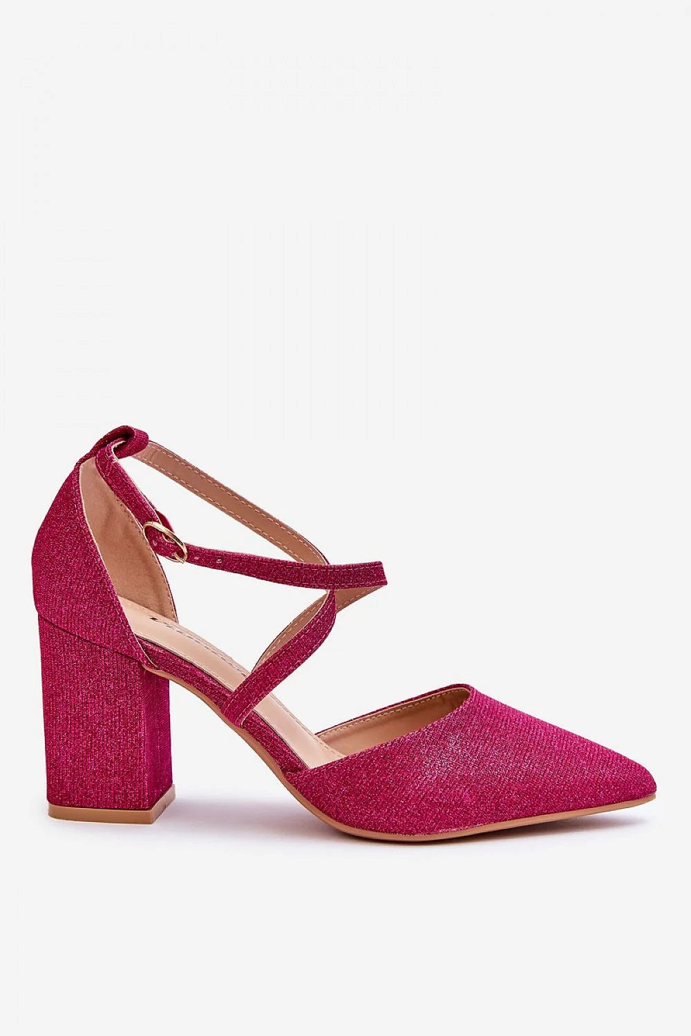 escarpins élégants sophistiqués fuchsia pailleté scintillant bout pointu talon bloc carré confortable semelle cuir écologique brides croisées boucle ajustable