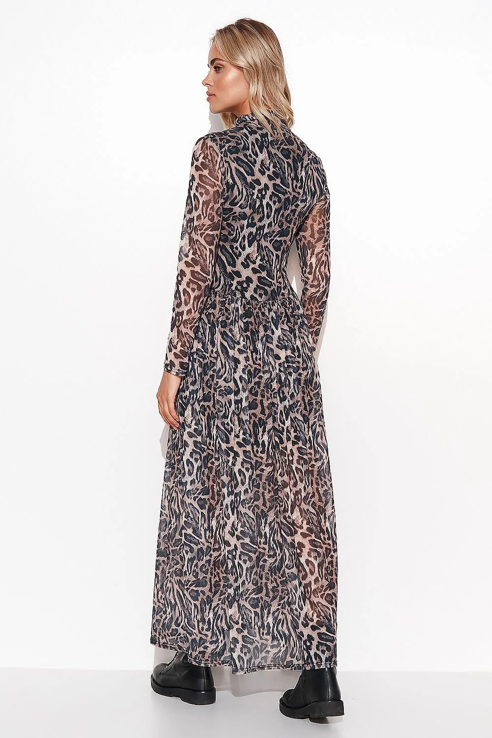 robe longue Makadamia maille douce aérée motifs animaliers géométriques manches longues col montant taille marquée partie inférieure évasée