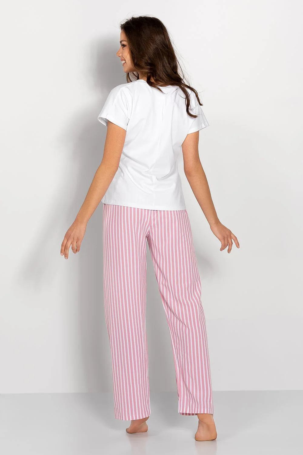 Pyjama femme confortable élégant t-shirt col V rayures roses pantalon large