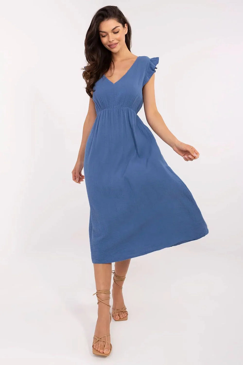 Robe de jour Italy Moda en mousseline bleu vif manches courtes volants encolure V longueur midi