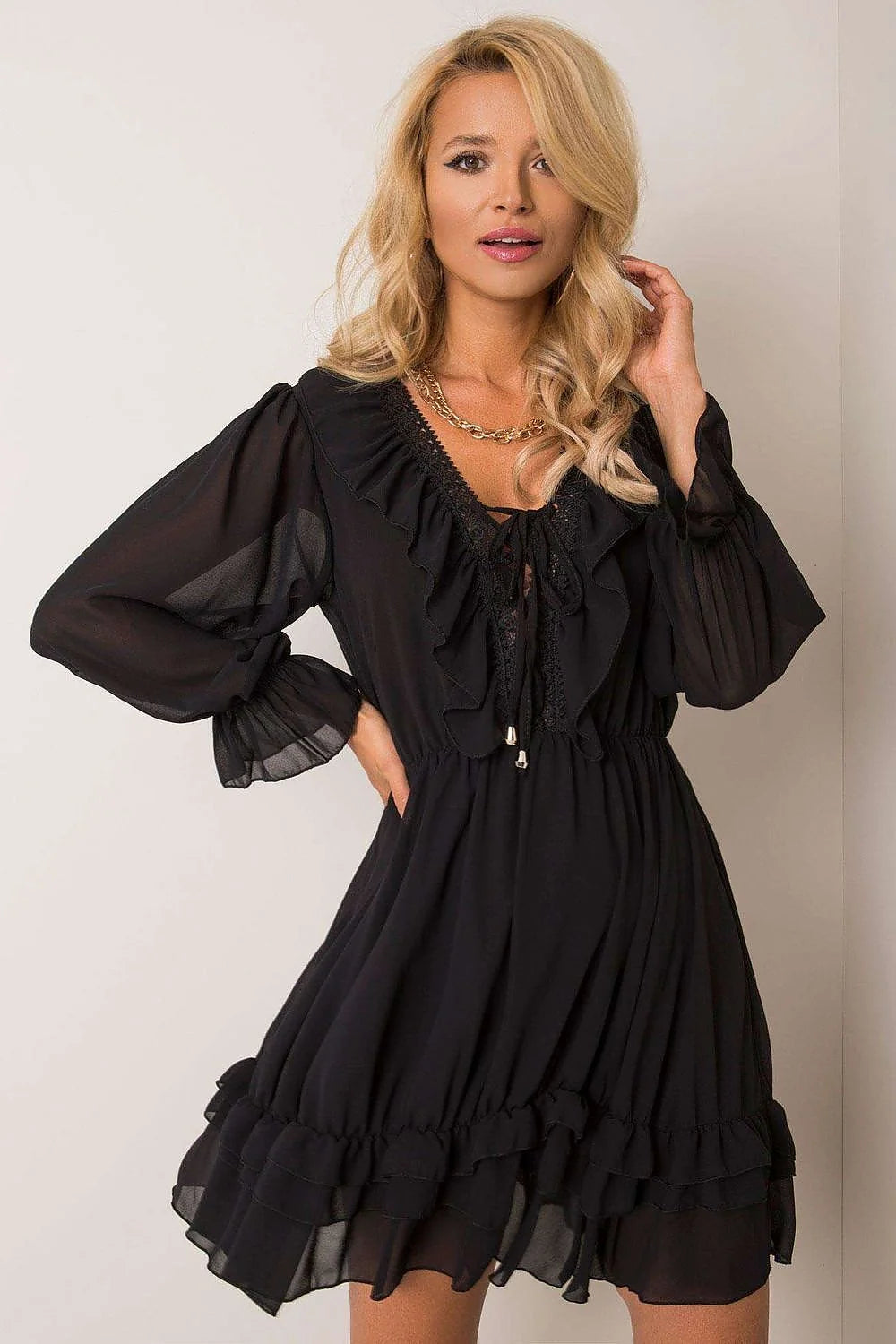 Robe de jour féminine Och Bella manches longues en polyester et viscose beige style romantique volants dentelle occasions multiples femmes