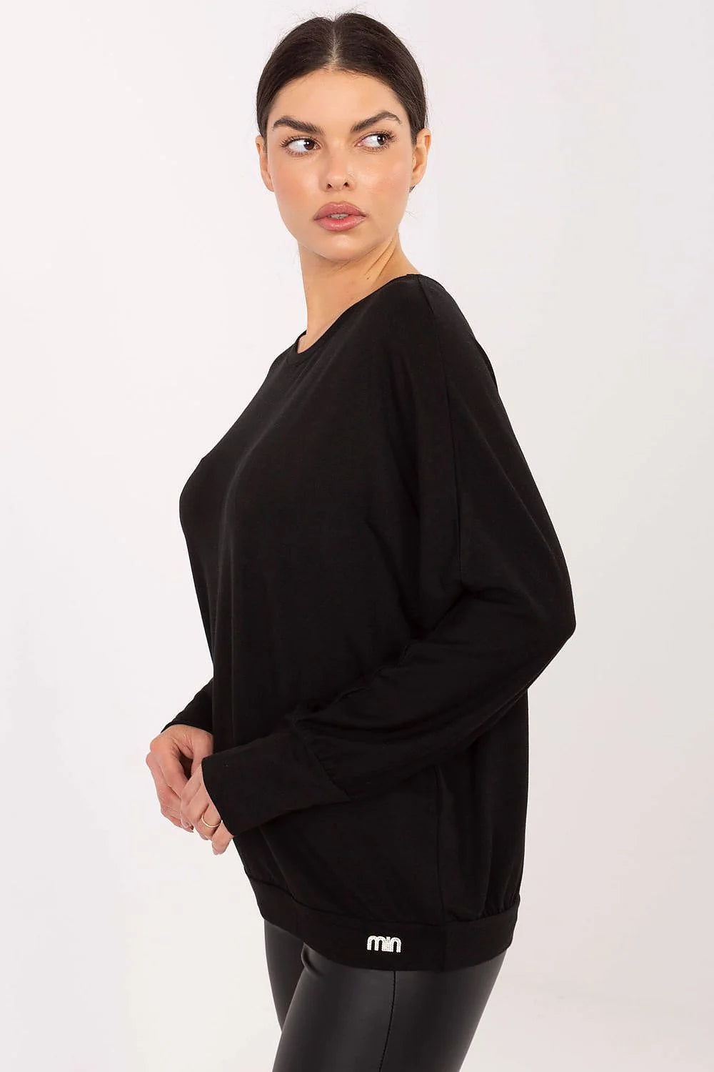 chemisier oversize noir col rond coupe ample manches longues bouffantes tricot fluide bords côtelés minimaliste casualchic micromodal élasthanne confortable