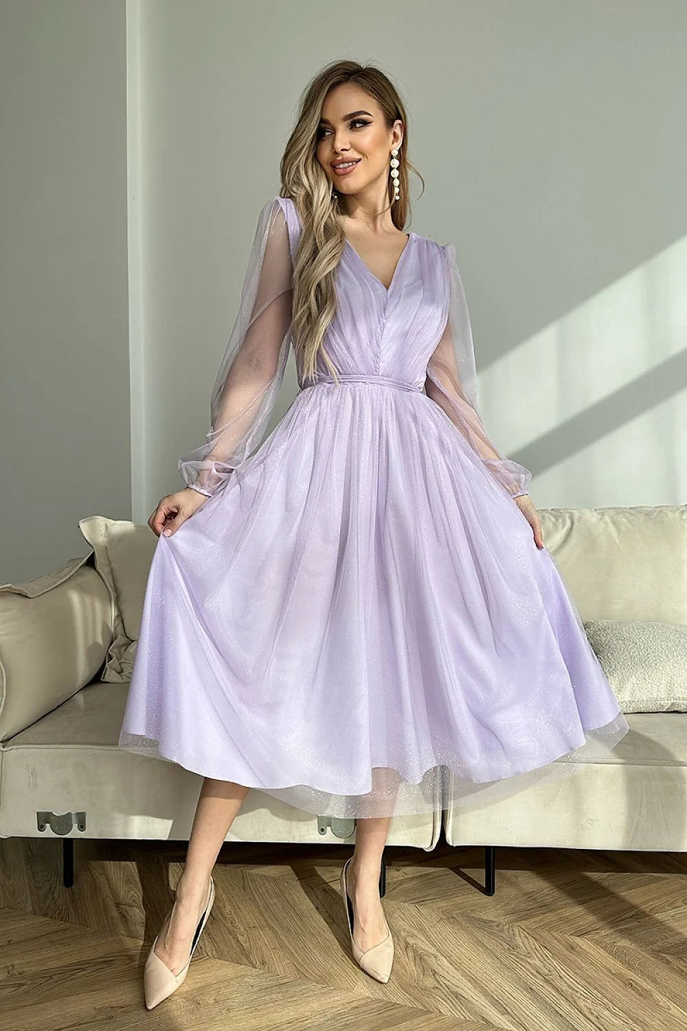 Robe de soirée élégante longueur midi manches longues transparence brocart vert émeraude femmes soirée formelle