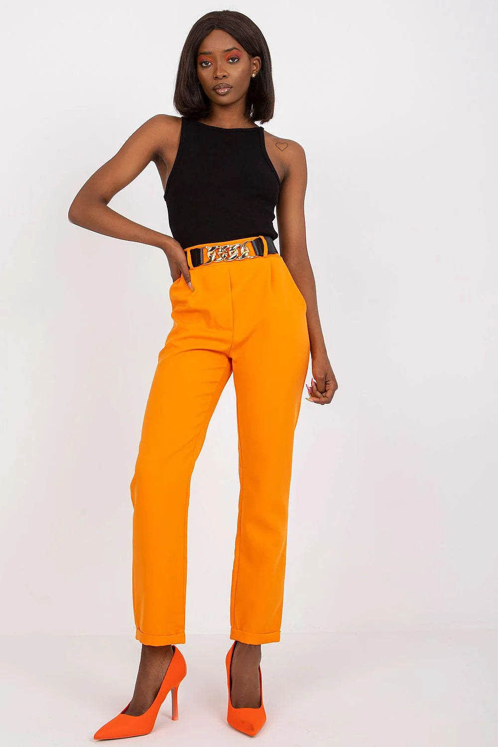 Pantalon femme haute taille élastique ceinture dorée orange vif polyester elasthanne mode moderne occasion semi-formelle