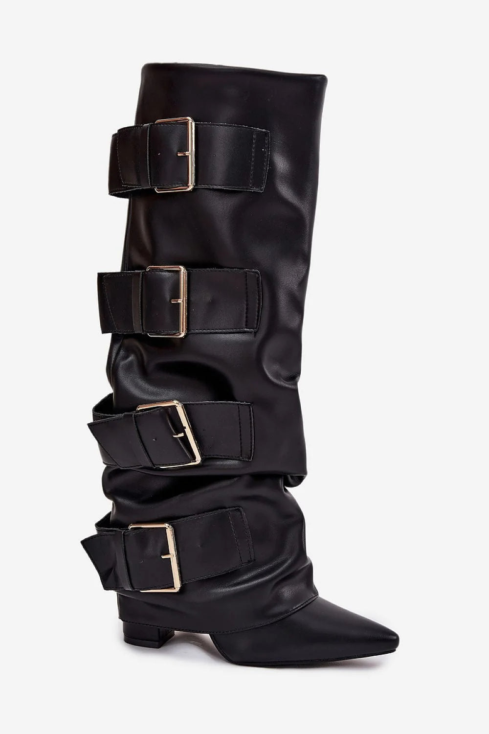 bottes montantes femme simili cuir noir bout pointu silhouette froncée talon bas confortable sangles larges réglables boucles dorées biker rock