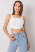 top femme court crop coton stretch côtelé blanc ajusté bretelles larges encolure ronde fronces latérales réglables liens extensible confortable polyvalent