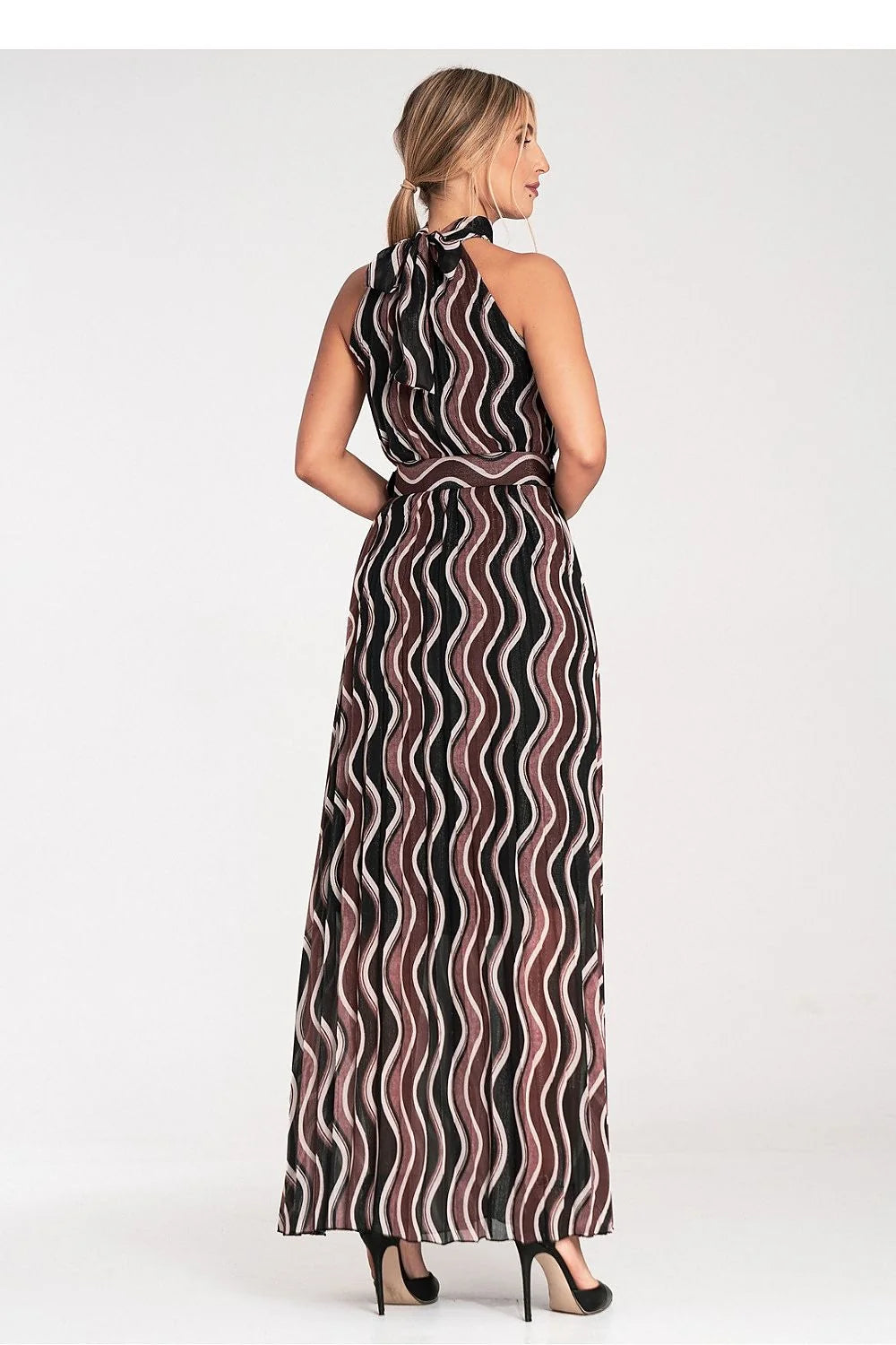 Robe de soirée élégante longue sans manches en polyester et élasthanne avec ceinture et motifs vagues verticaux