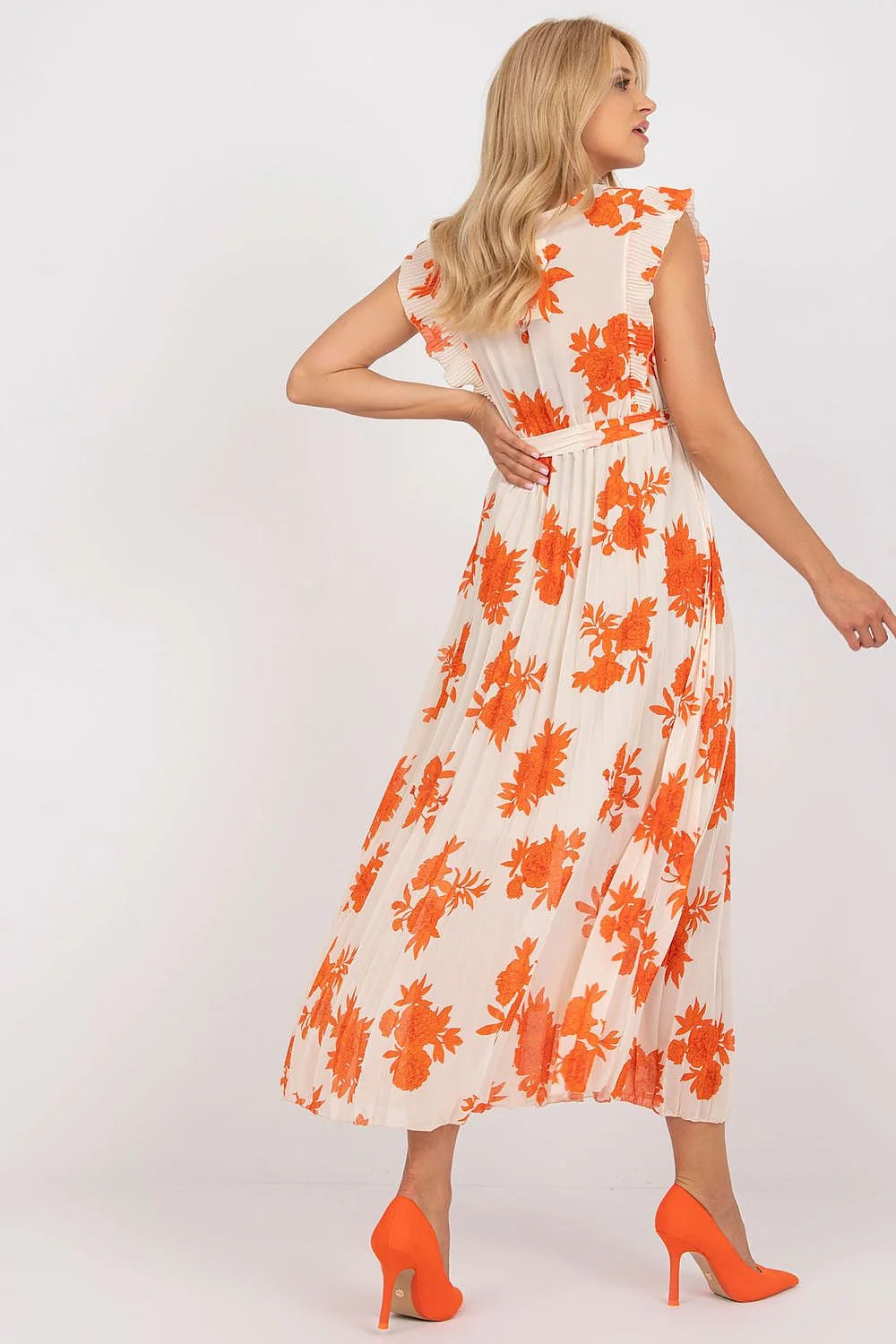 robe estivale longue volants manches courtes ceinture nouée ajustable motif floral orange crème fluide plissé portefeuille décolleté V