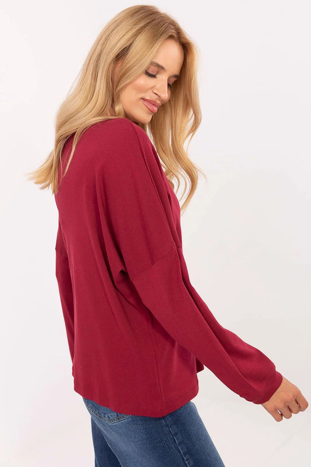 chemisier coton élasthanne manches longues oversize décontracté bordeaux logo blanc encolure ronde épaules tombantes ourlet arrondi jersey extensible confortable
