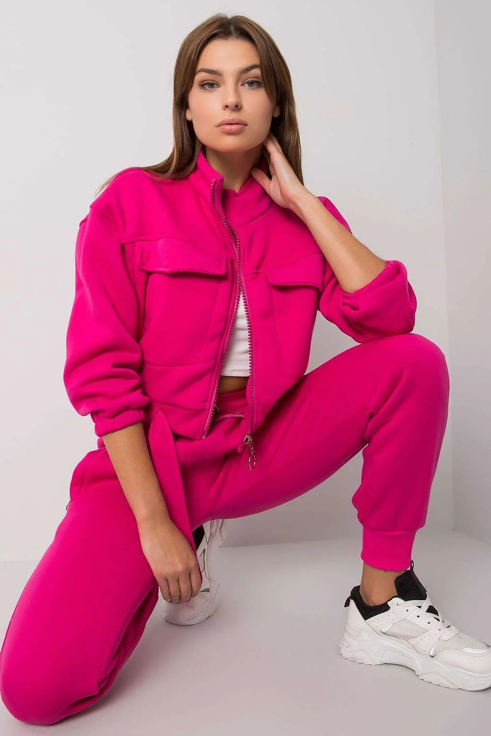 Ensemble sportif femme veste pantalon fuchsia polyester élasthanne décontracté confort poches cargo taille haute