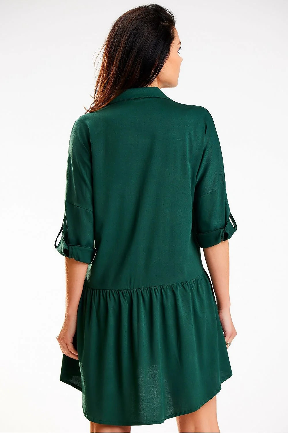 Robe chemise femme élégante décontractée manches trois-quarts poches latérales vert foncé viscose polyester Poland