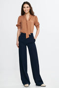 pantalon long Nife femme taille haute bootcut coupe ajustée jambe évasée élégant sophistiqué confortable soyeux fluide polyester soie