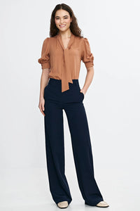 pantalon long Nife femme taille haute bootcut coupe ajustée jambe évasée élégant sophistiqué confortable soyeux fluide polyester soie