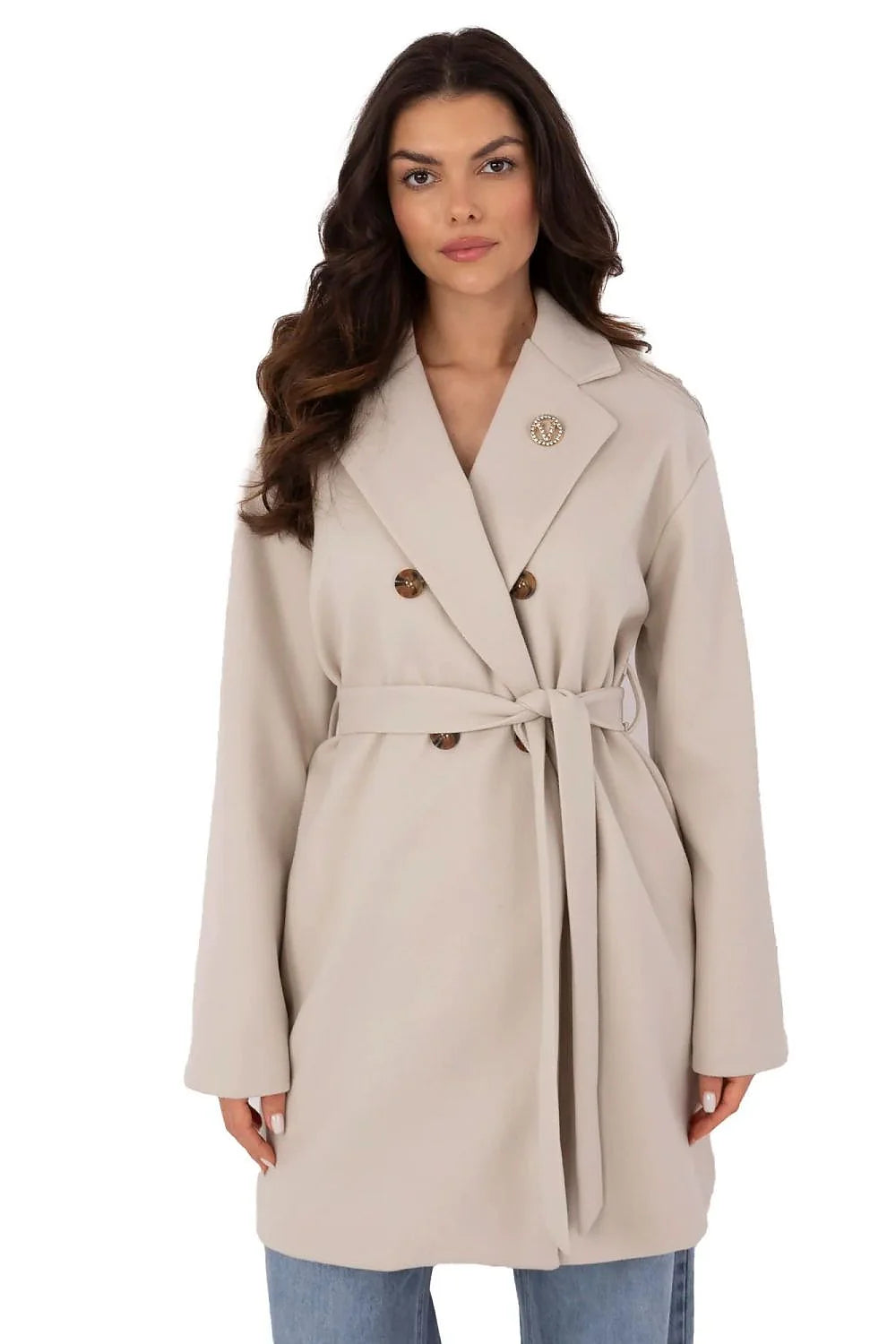 Manteau féminin élégant intemporel beige longueur courte double boutonnage ceinture assortie col relevé manches longues laine polyester femmes occasionnels formels