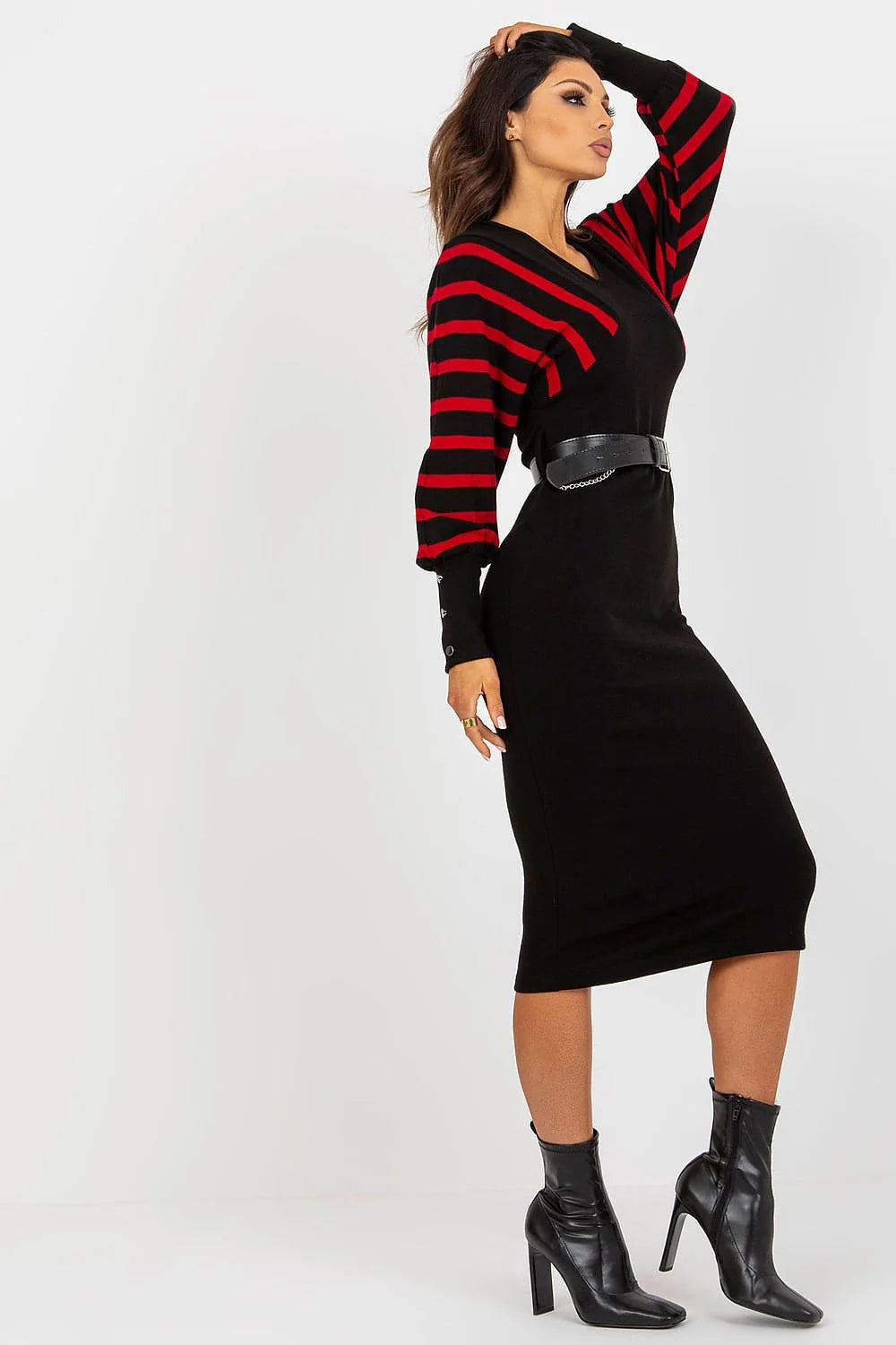 Robe élégante pour femme manches longues rayures rouge vif coupe crayon ceinture noire matériau maille extensible couleur noire
