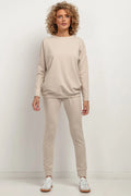 Pantalon survêtement Tessita ensemble décontracté coton polyester coupe slim femmes beige élastique taille ajustable manches longues sweat