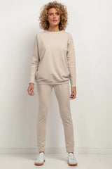Pantalon survêtement Tessita ensemble décontracté coton polyester coupe slim femmes beige élastique taille ajustable manches longues sweat