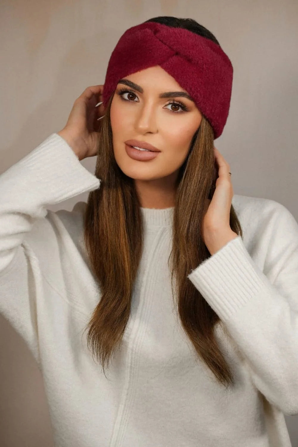 bandeau peluche bordeaux femme hiver turban twisté croisé devant large épais couvrant oreilles moelleux extensible chaud élégant bohème taille unique