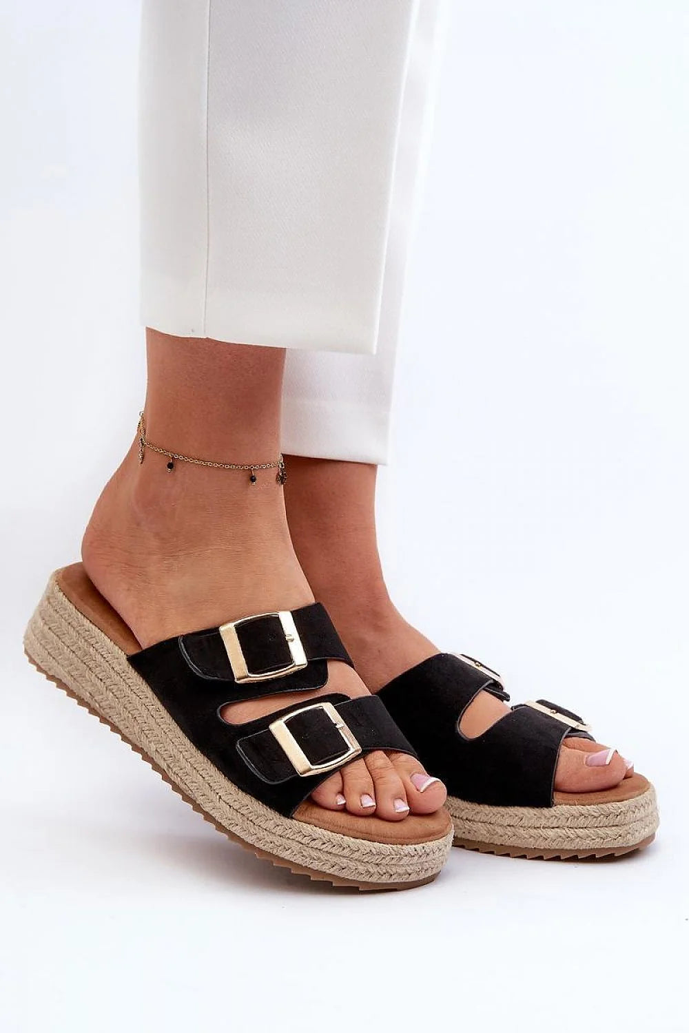 sandales femmes mules design moderne décontracté suédine écologique plateformes 3cm brides larges réglables boucles dorées espadrille jute semelle rembourrée antidérapante