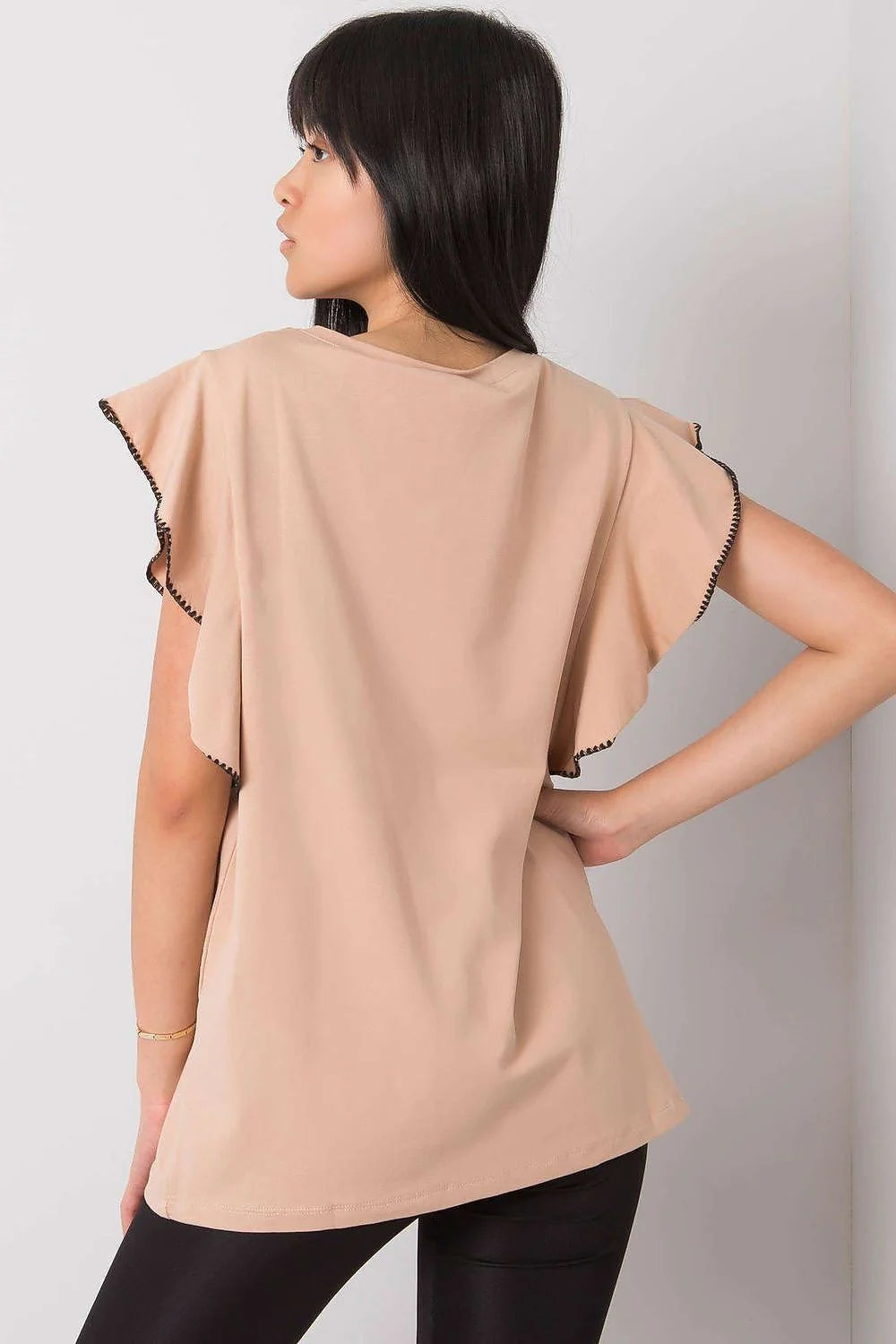 chemisier fancy élégant manches volants coton stretch confortable respirant coupe ample fluide col rond finition noire contrastée polyvalent féminin