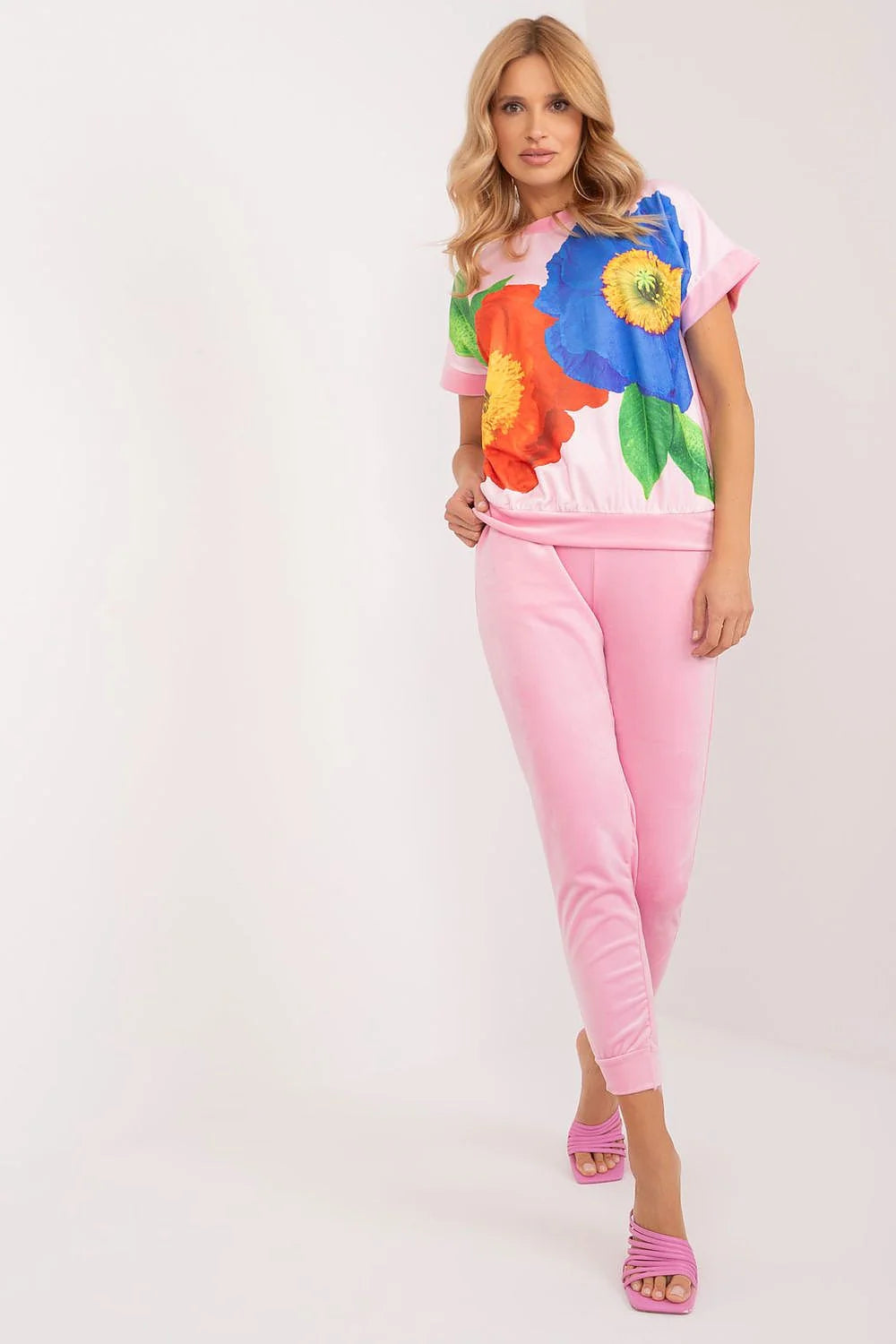 ensemble femme deux pièces velours floral rose manches courtes pantalon jogger taille élastique fuselé confortable décontracté chic imprimé multicolore doux
