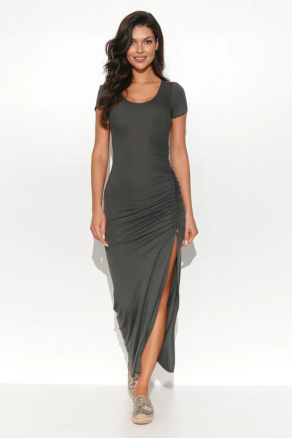 Robe longue Numinou tricot viscose extensible manches courtes encolure ronde fente latérale bling doré femme élégance soirée