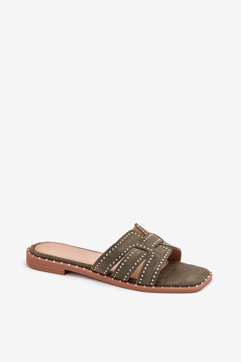 Sandales femmes style élégant moderne éco-suède kaki clous métalliques chaîne dorée maintien confortable semelle plate occasion quotidienne