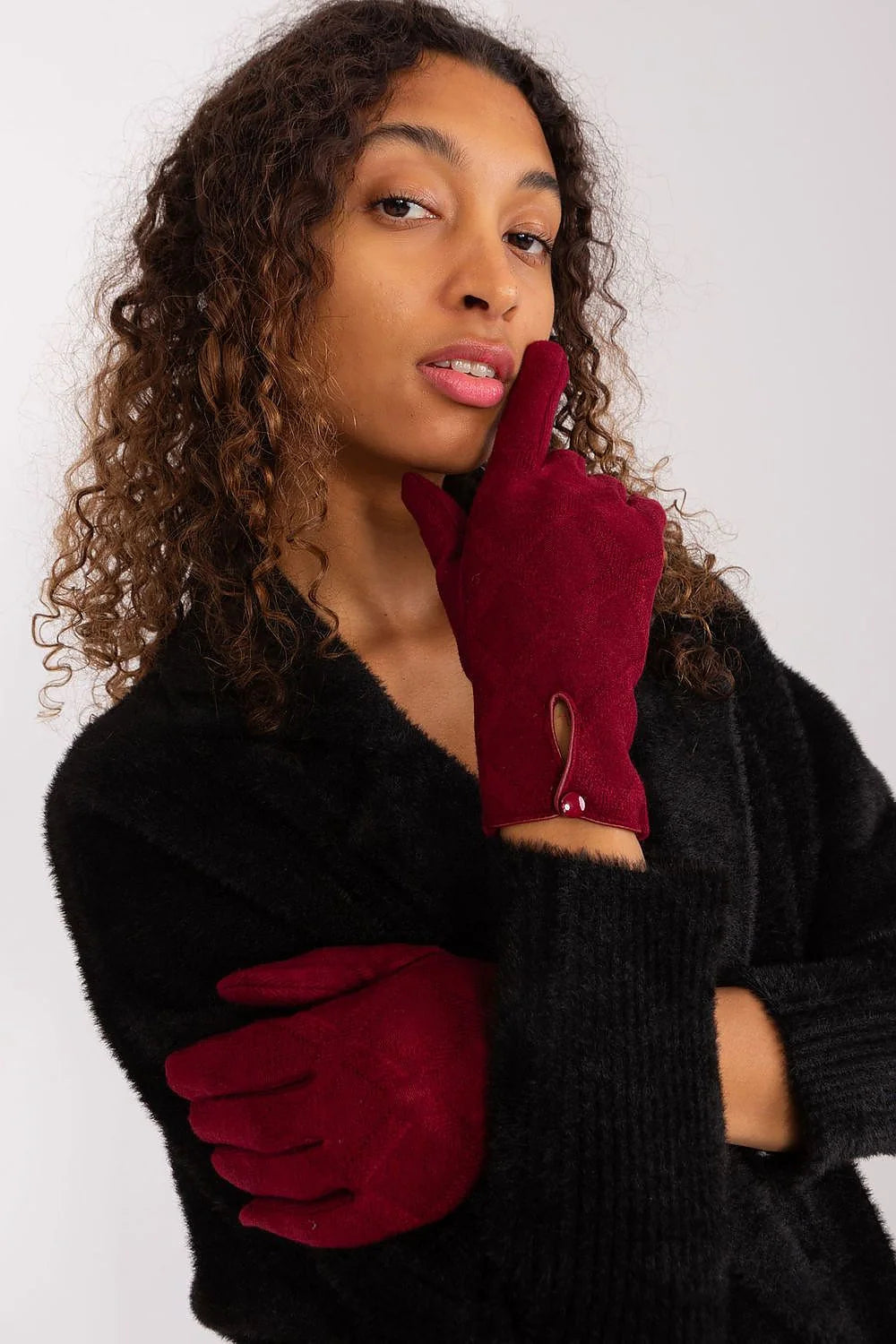 Gants élégants pour femme en tissu isolant motif géométrique fermeture à bouton coupe ajustée style sophistiqué pour quotidien et occasion spéciale