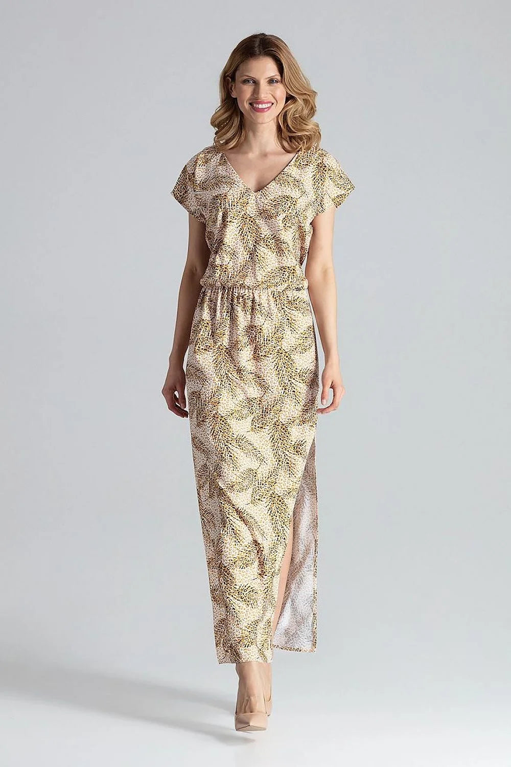 Robe élégante pour femme longue manches courtes décolleté V taille élastiquée motif animalier beige et marron