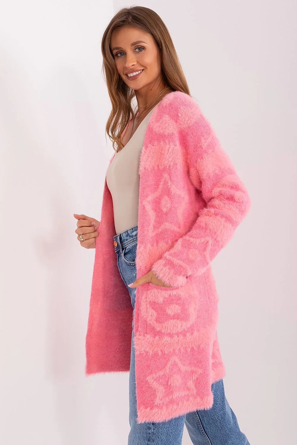 Cardigan long pour femme, style décontracté, texture douce, rose vif, étoiles, manches longues, poches pratiques, mode été/hiver
