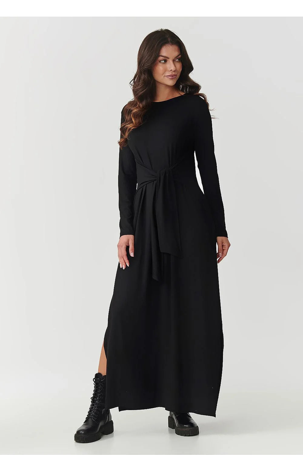 robe maxi viscose manches longues ceinture nouée taille encolure ronde fentes latérales drapé fluide élégant polyvalent casual chic soirée noir