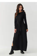 robe maxi viscose manches longues ceinture nouée taille encolure ronde fentes latérales drapé fluide élégant polyvalent casual chic soirée noir