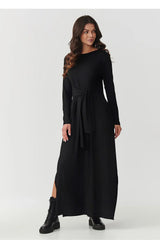 robe maxi viscose manches longues ceinture nouée taille encolure ronde fentes latérales drapé fluide élégant polyvalent casual chic soirée noir