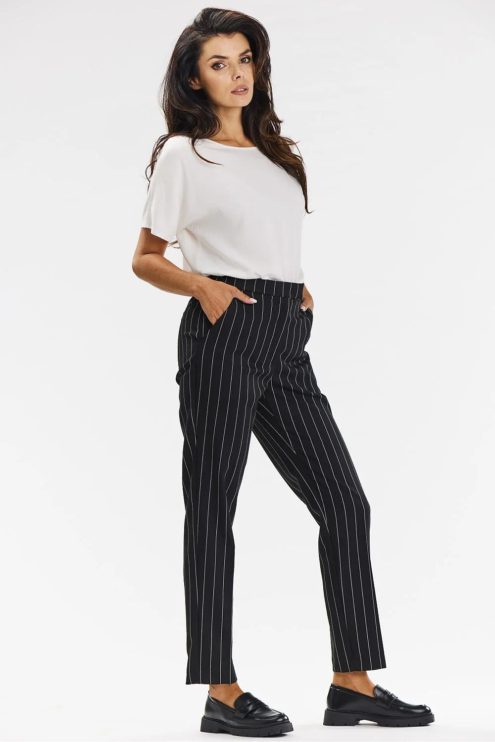 Pantalon cigarette femme Awama rayures noir blanc haute qualité taille ajustable coupe droite occasionnels élégant