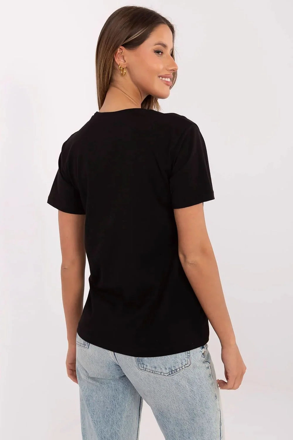 T-shirt femme coton noir motif ours brodé style décontracté manches courtes col rond