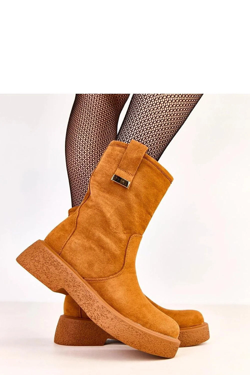 bottines mi mollet camel daim suédé écologique femme bout rond tige 19cm plateforme 5cm cognac semelle gomme antidérapante zippée métal