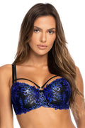 balconnet pushup armatures bonnets moulés décolleté galbé tulle transparent dentelle broderie florale bleu électrique frange festonnée bretelles réglables