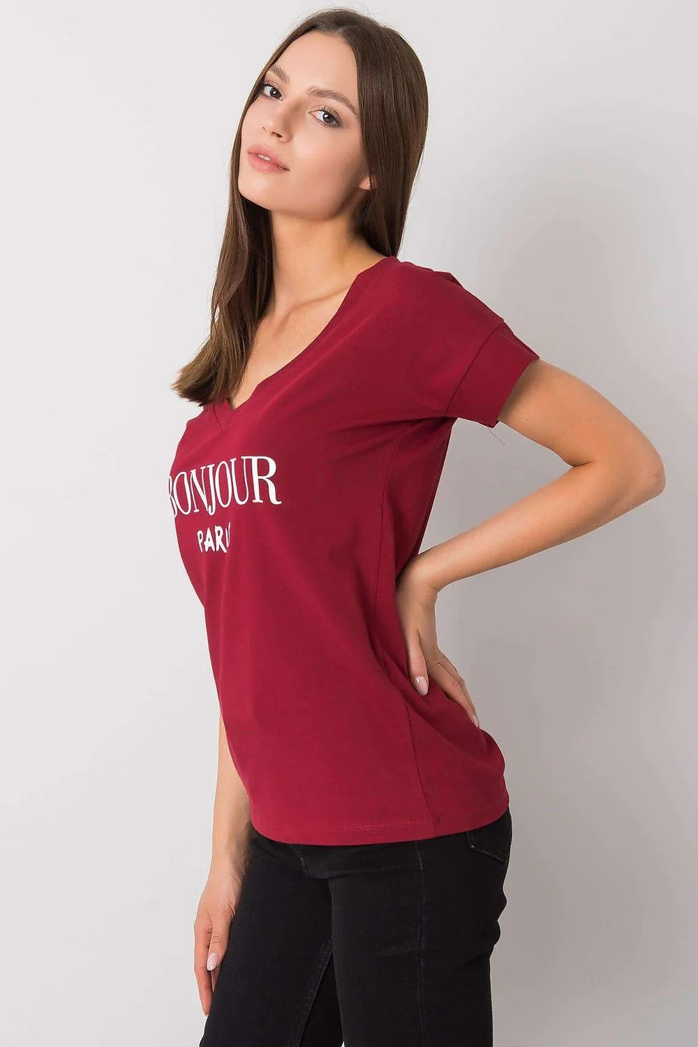 T-shirt Fancy pour femme, style urbain Paris, coton élasthanne, coupe ajustée, col V, inscription 'BONJOUR PARIS', manches courtes, rose pâle