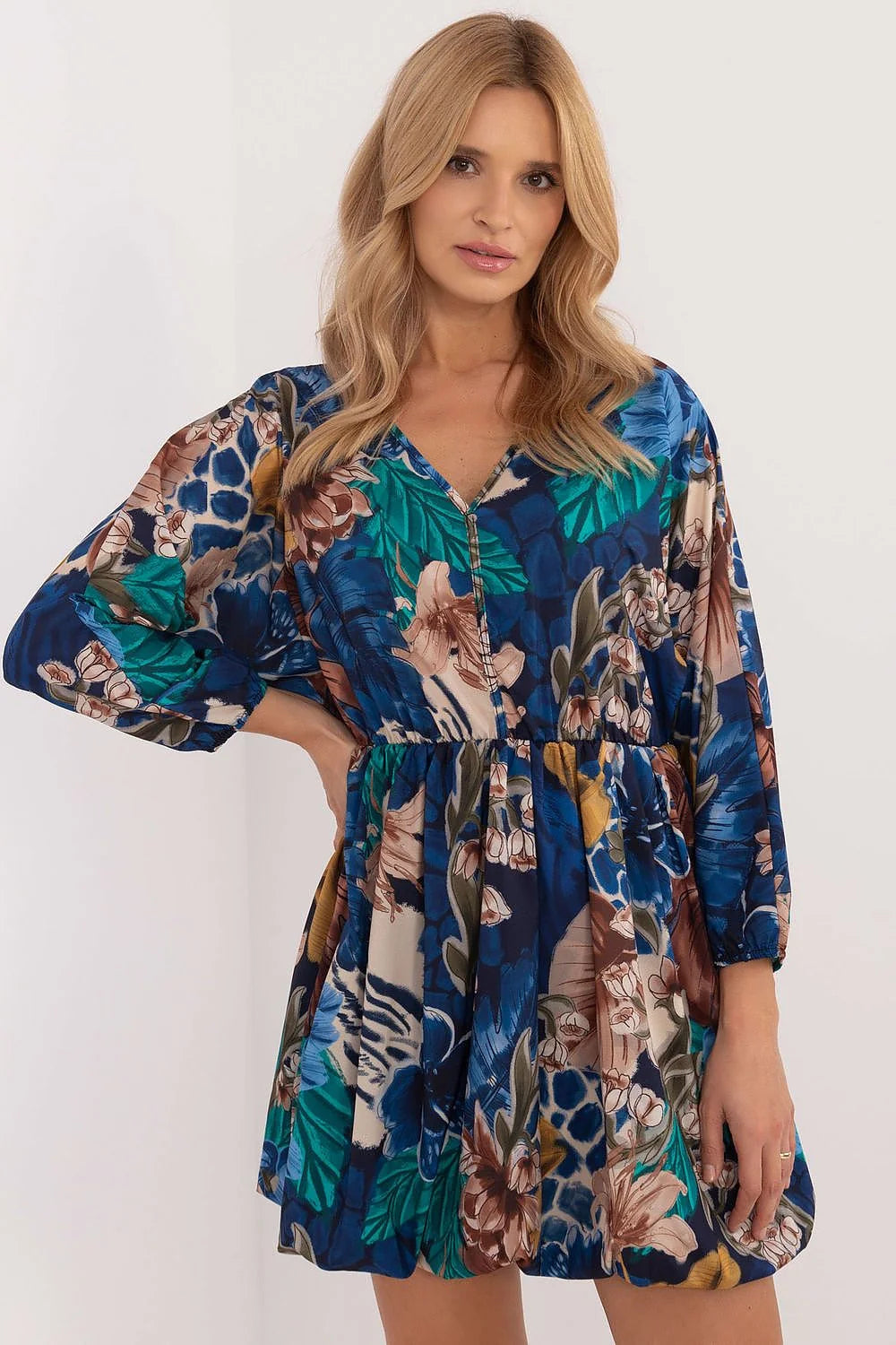 Robe de jour Italy Moda pour femme style tendance coupe évasée imprimé floral manches longues taille élastiquée confort