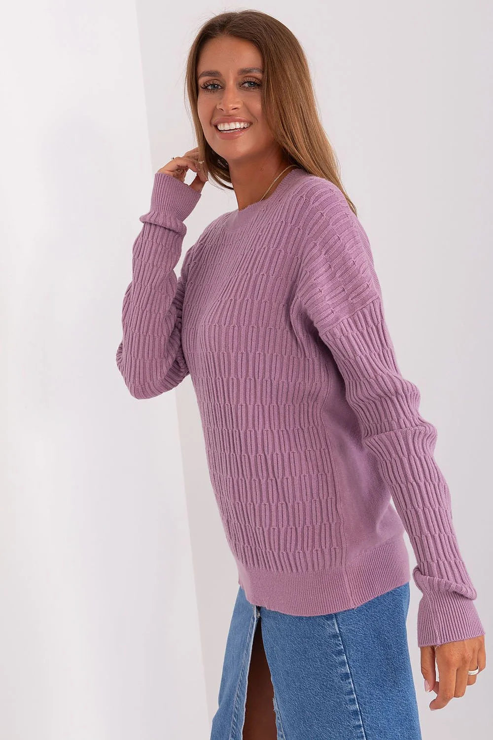 Pull pour femme Chandail AT texture tricotée motifs câbles losanges violet pastel manches longues col rond coupe ample