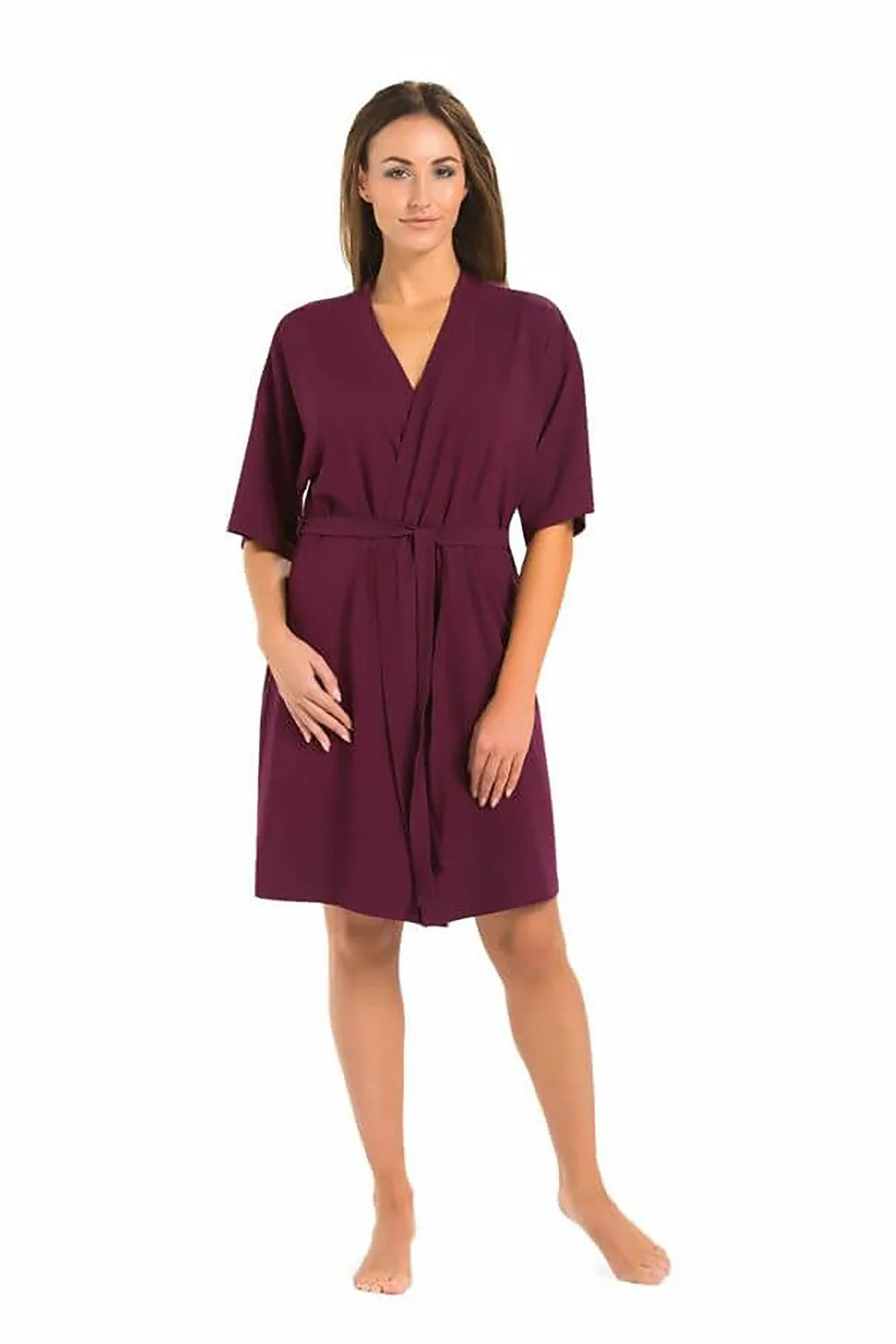 Robe de chambre élégante pour femme en viscose aubergine, coupe classique, manches mi-longues, ceinture intégrée, confortable et polyvalente